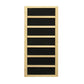 Natural wood frame sauna panel with seven black glass sections separated by light wood dividers, on white background