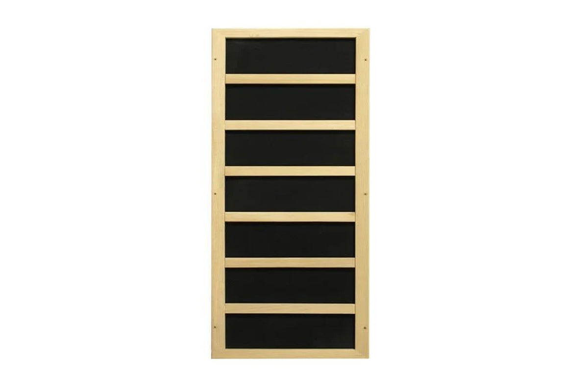 Natural wood frame sauna panel with seven black glass sections separated by light wood dividers, on white background