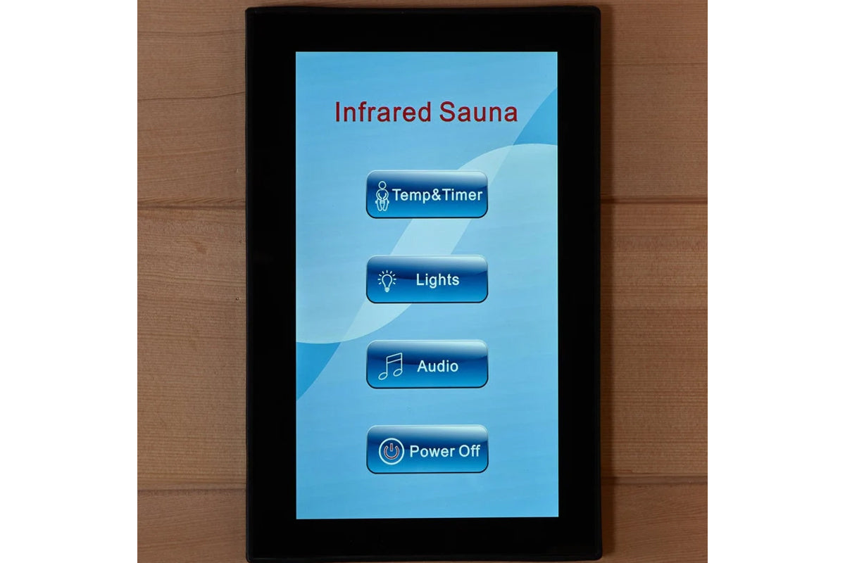 Black touchscreen control panel displaying Infrared Sauna interface with Temp & Timer, Lights, Audio, and Power Off buttons o