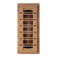 Natural wood sauna panel with five vertical vent grilles and handles, featuring Himalayan salt bar compartments on white back
