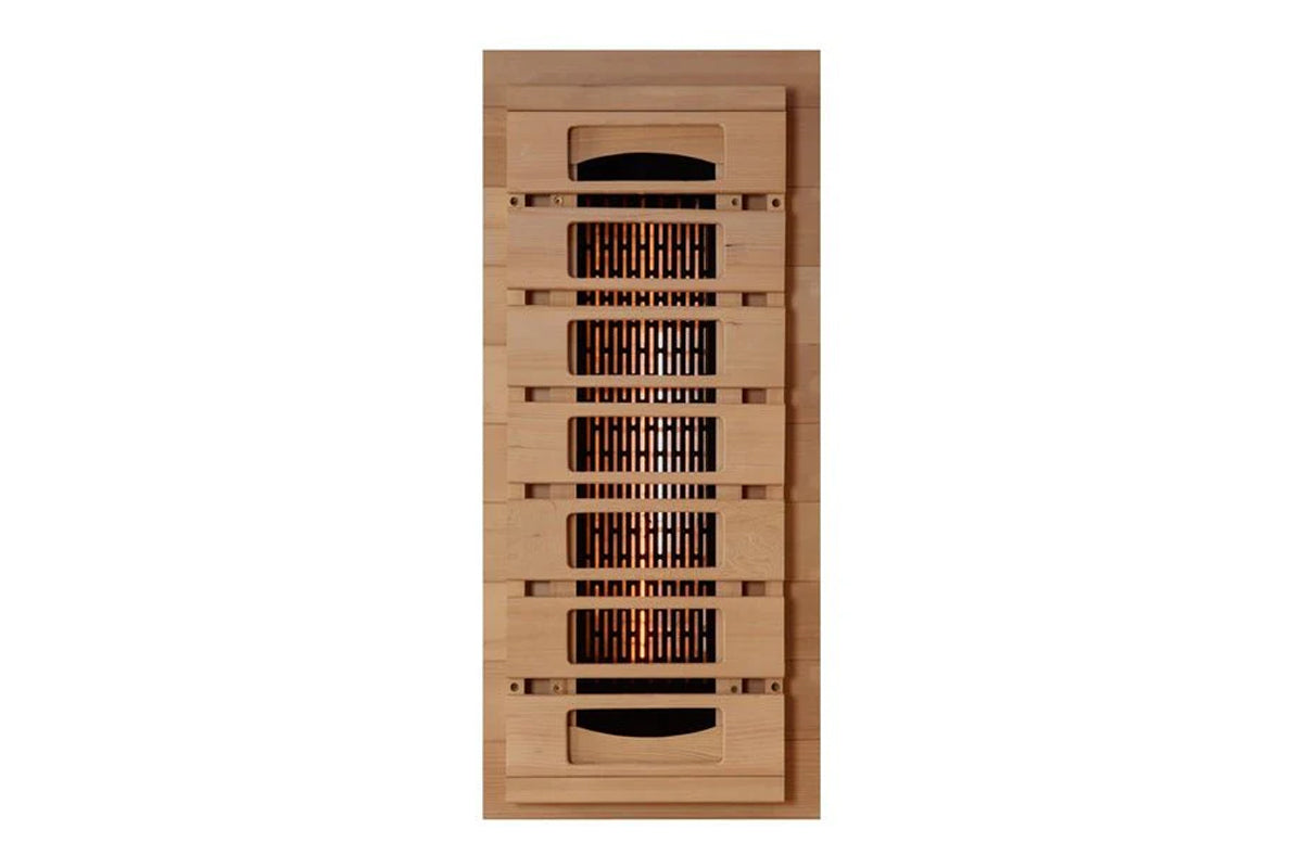Natural wood sauna panel with five vertical vent grilles and handles, featuring Himalayan salt bar compartments on white back