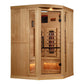 Golden Designs 2-3 person corner infrared sauna with light wood cedar construction, glass door with black handle, interior he