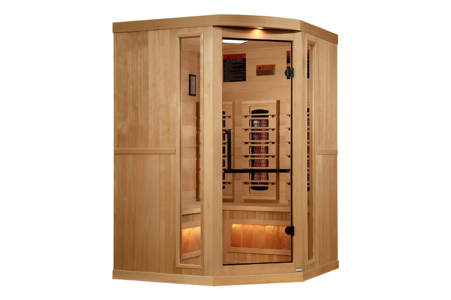 Golden Designs 2-3 person corner infrared sauna with light wood cedar construction, glass door with black handle, interior he