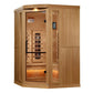 Golden Designs 2-3 person corner infrared sauna with light wood construction, glass door, infrared heaters visible inside, an