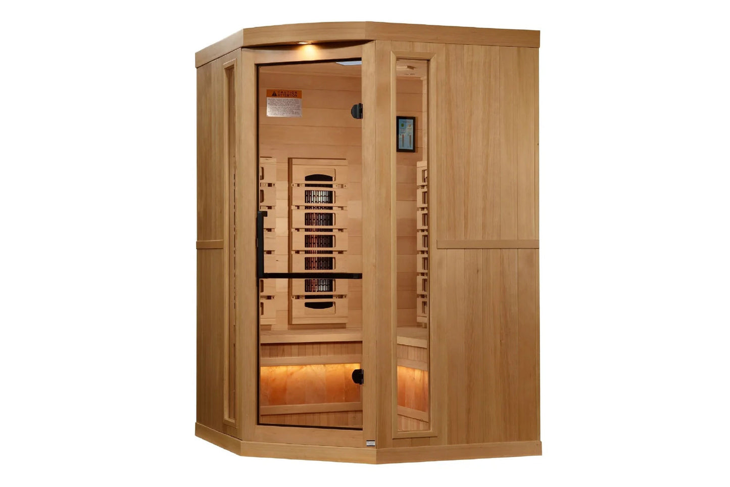 Golden Designs 2-3 person corner infrared sauna with light wood construction, glass door, infrared heaters visible inside, an