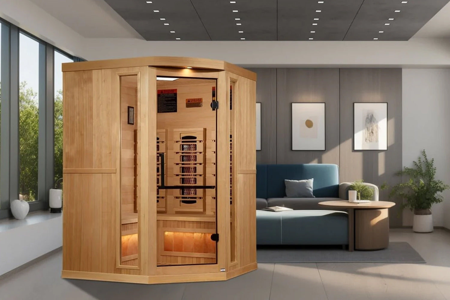 Natural wood corner infrared sauna with glass door, interior red heat elements, and control panel, displayed in modern room s