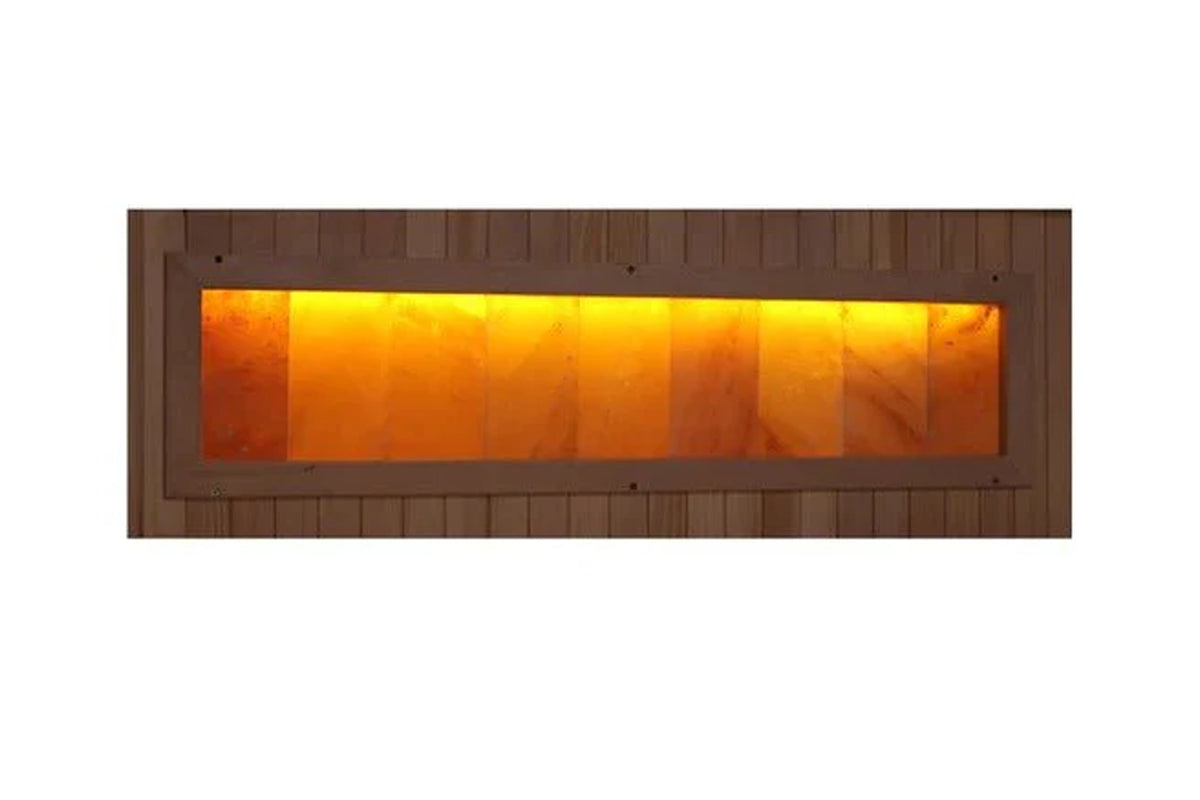 Brown wooden sauna exterior with illuminated golden-orange infrared heating panel, front view on white background