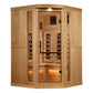 Golden Designs 2-3 person corner infrared sauna with natural wood construction, glass door, interior heaters, and Himalayan s
