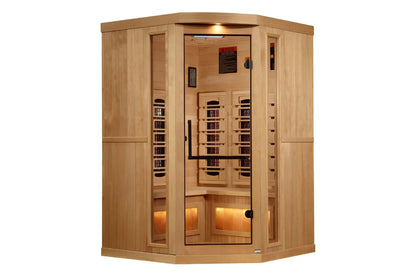 Golden Designs 2-3 person corner infrared sauna with natural wood construction, glass door, interior heaters, and Himalayan s