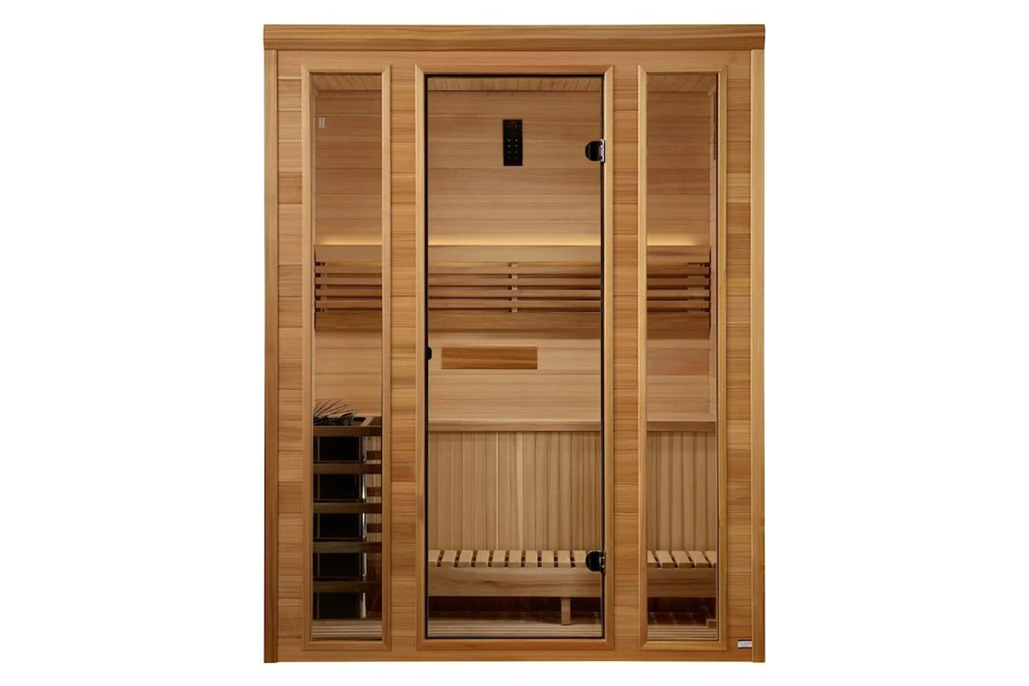 Golden Designs Andermatt Edition 3-person traditional steam sauna with Pacific clear cedar wood, glass door, and control pane