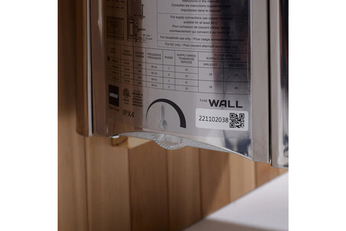 Product packaging and specifications label for Golden Designs Andermatt steam sauna showing technical details, QR code, and I