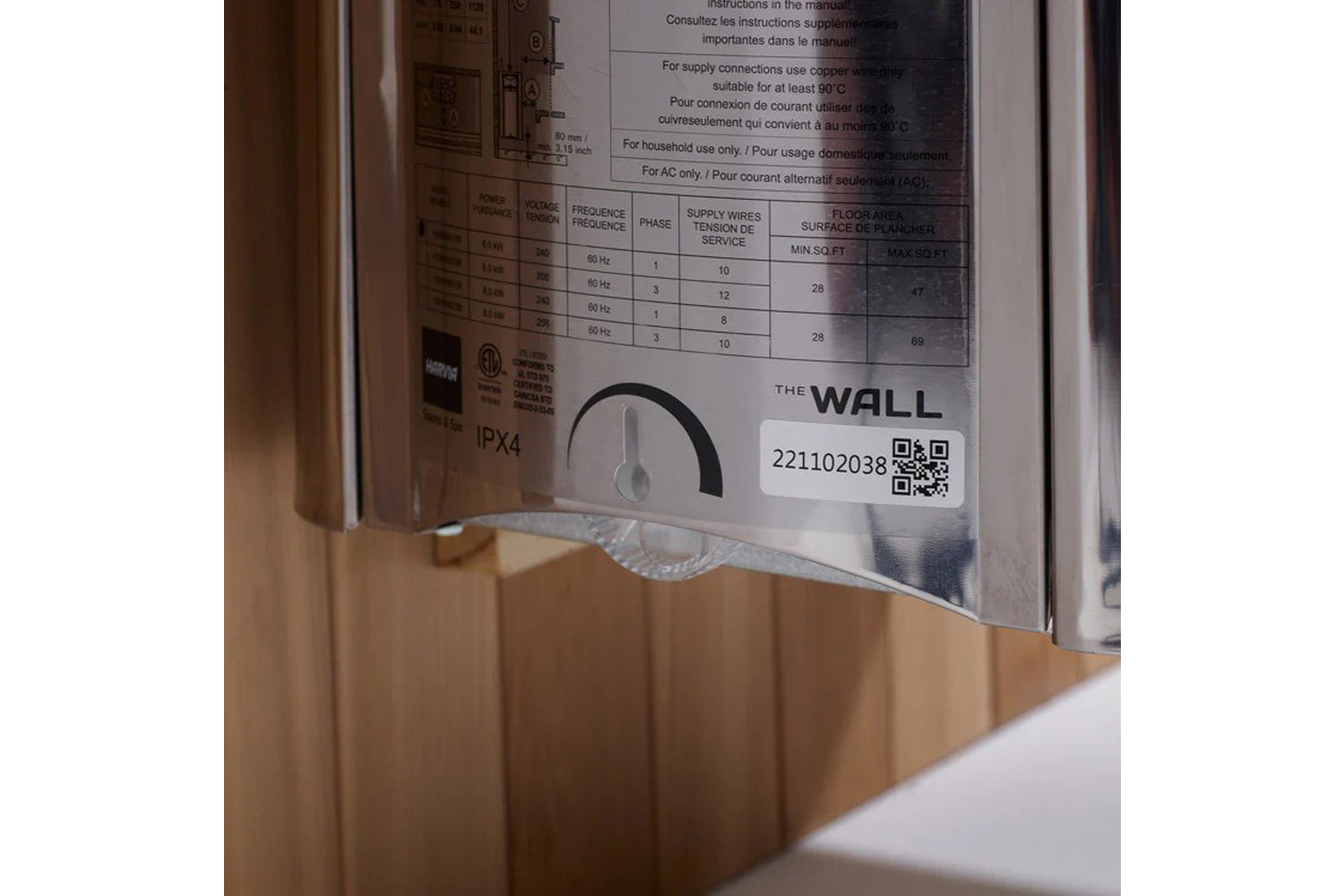 Product packaging and specifications label for Golden Designs Andermatt steam sauna showing technical details, QR code, and I