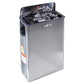 Harvia stainless steel sauna heater with black lid open, filled with gray sauna stones, on white background