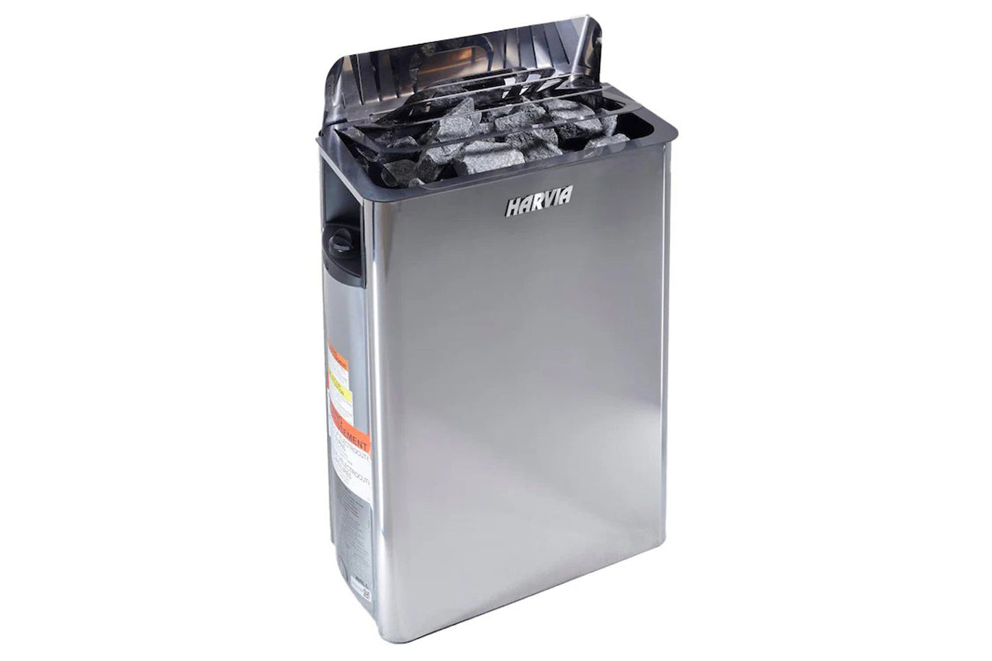 Harvia stainless steel sauna heater with black lid open, filled with gray sauna stones, on white background