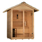Golden Designs Arlberg 3-person traditional outdoor sauna with natural wood construction and pitched roof on white background