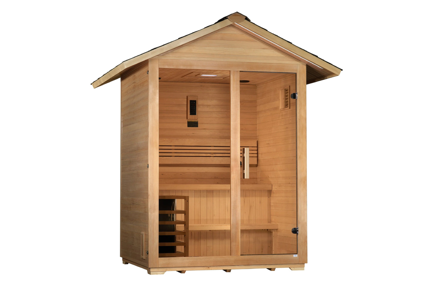 Golden Designs Arlberg 3-person traditional outdoor sauna with natural wood construction and pitched roof on white background