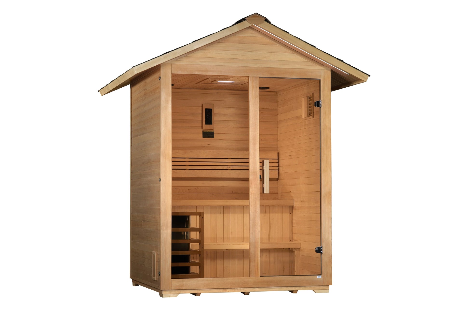 Golden Designs Arlberg 3-person traditional outdoor sauna with natural wood construction and pitched roof on white background