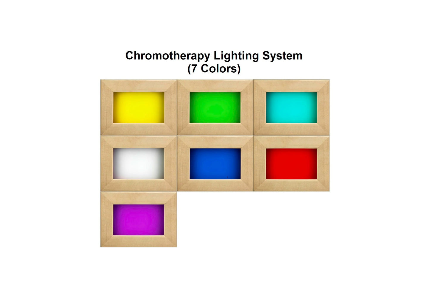 Chromotherapy lighting system with seven color options: yellow, green, cyan, white, blue, red, and magenta lights in wooden p