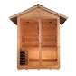 Golden Designs Arlberg 3-person traditional sauna with cedar wood construction, glass doors, and pitched roof on white backgr