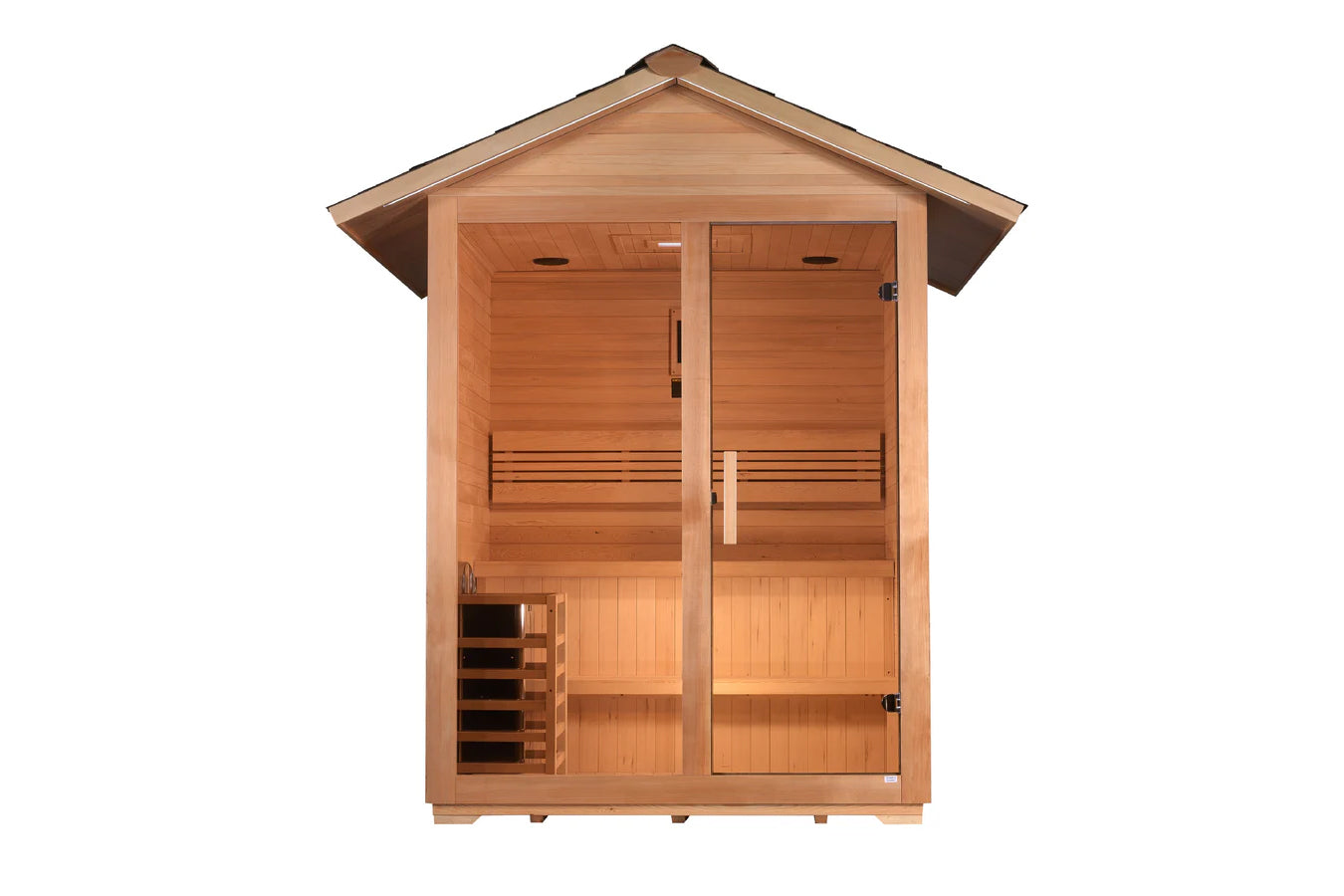 Golden Designs Arlberg 3-person traditional sauna with cedar wood construction, glass doors, and pitched roof on white backgr