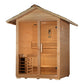 Golden Designs Arlberg 3-person traditional outdoor sauna with cedar wood construction, pitched roof, glass door, and bench s