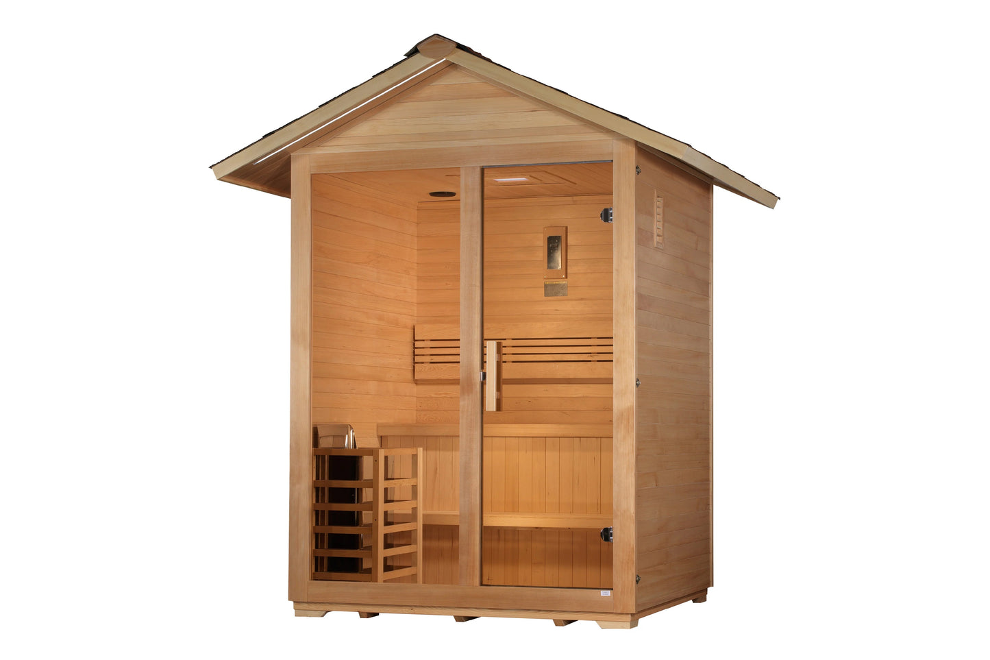 Golden Designs Arlberg 3-person traditional outdoor sauna with cedar wood construction, pitched roof, glass door, and bench s