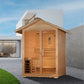 Golden Designs Arlberg outdoor sauna with natural cedar wood construction, peaked roof, two glass doors, and bench seating, p