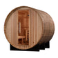 Barrel-shaped wooden sauna with light cedar construction, open door showing interior benches and heater, metal bands around e