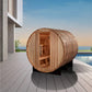 Golden Designs Arosa barrel sauna with natural wood construction, open door showing interior benches, positioned on outdoor d