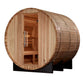 Golden Designs Arosa barrel sauna with light wood construction, open door showing interior benches, on black support base aga