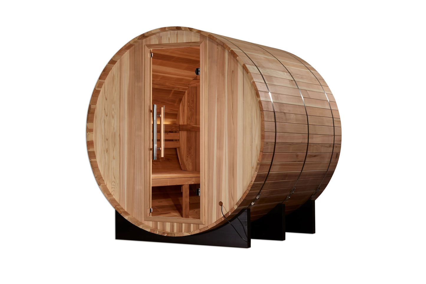Golden Designs Arosa barrel sauna with light wood construction, open door showing interior benches, on black support base aga