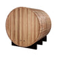Golden Designs Arosa barrel sauna with light wood construction, metal bands, and black support base on white background