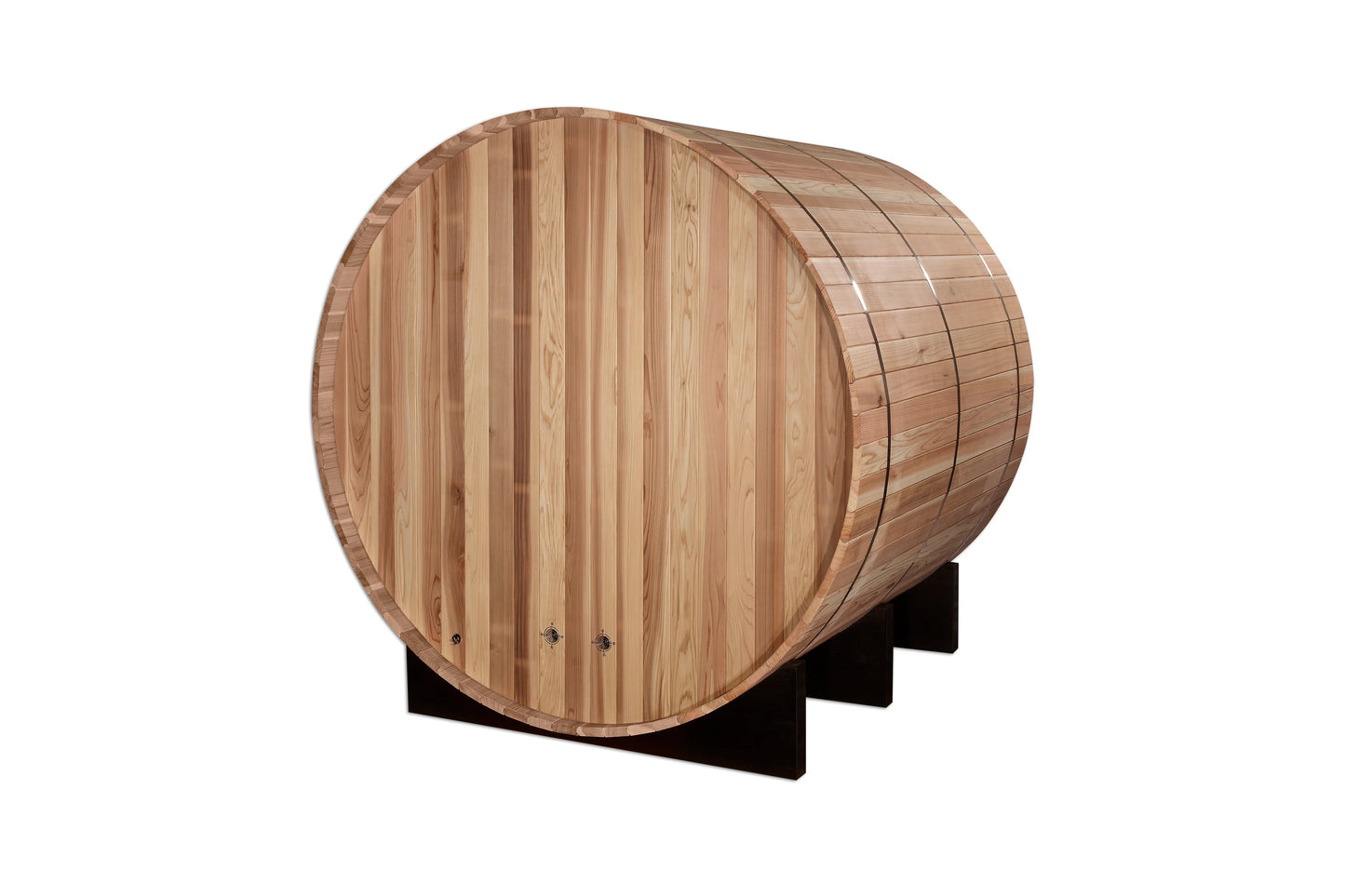 Golden Designs Arosa barrel sauna with light wood construction, metal bands, and black support base on white background