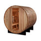 Golden Designs Arosa barrel sauna with natural cedar wood construction, open door showing interior wooden benches, on black s