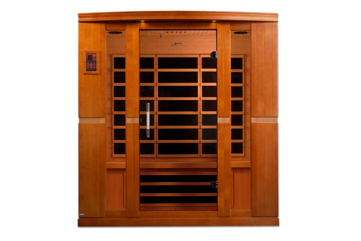Golden Designs Bergamo four-person infrared sauna with cedar wood construction, glass front doors, and digital control panel 
