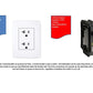 White dual outlet receptacle with blue label about 20 amp requirement for 3-person saunas, beside black circuit breaker with 