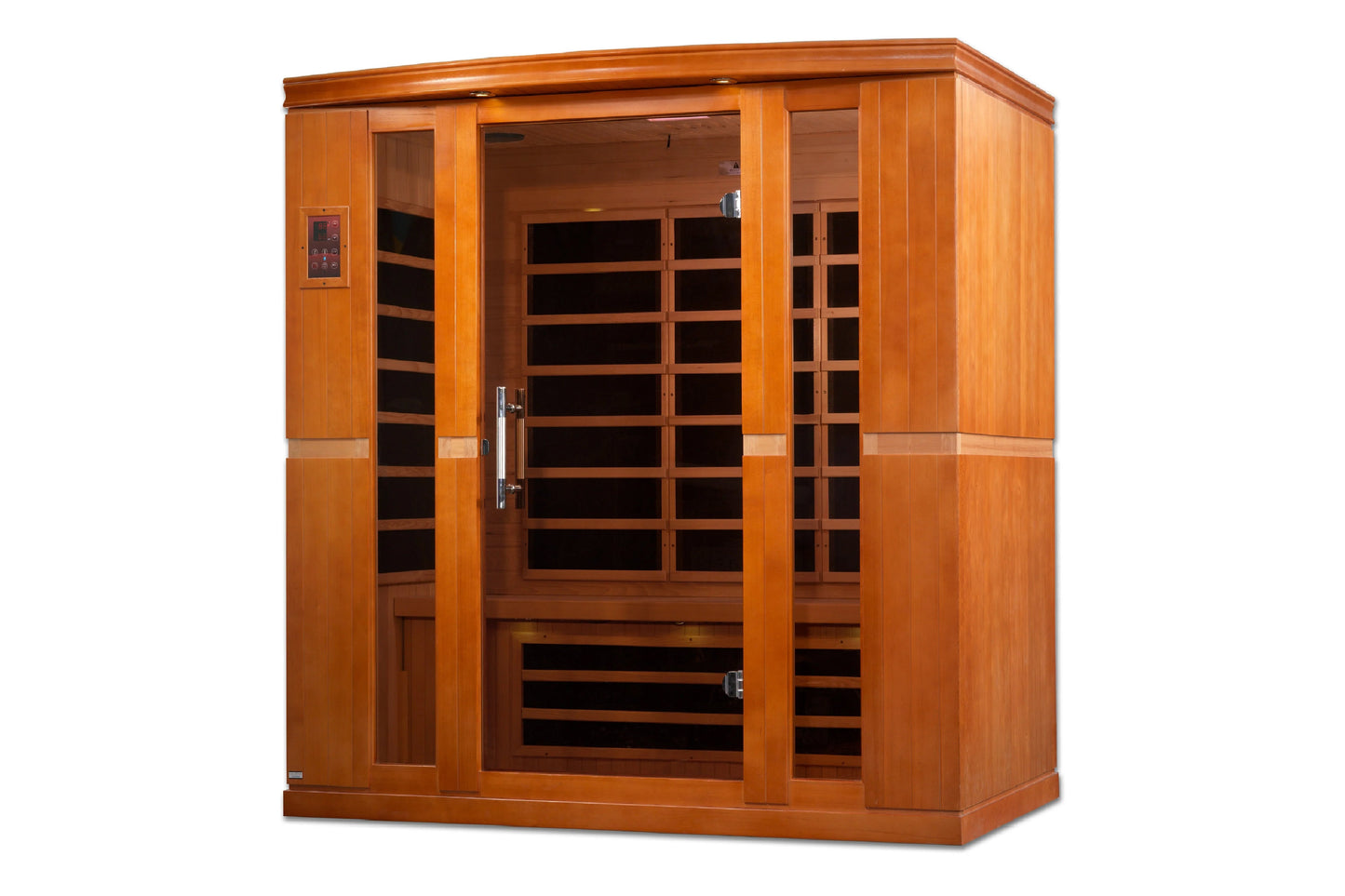 Golden Designs Bergamo four-person infrared sauna with golden wood exterior, glass and wood panel doors, and control panel on