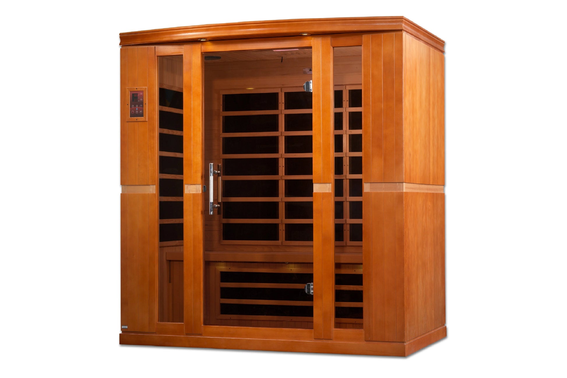 Golden Designs Bergamo four-person infrared sauna with golden wood exterior, glass and wood panel doors, and control panel on