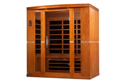 Golden Designs Bergamo four-person infrared sauna with golden wood exterior, glass and wood panel doors, and control panel on