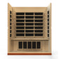 Natural wood infrared sauna with glass front panel, multiple benches, and dark glass windows, front view on white background