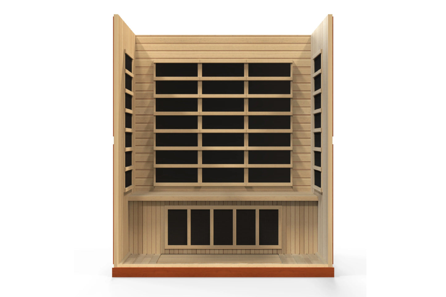 Natural wood infrared sauna with glass front panel, multiple benches, and dark glass windows, front view on white background