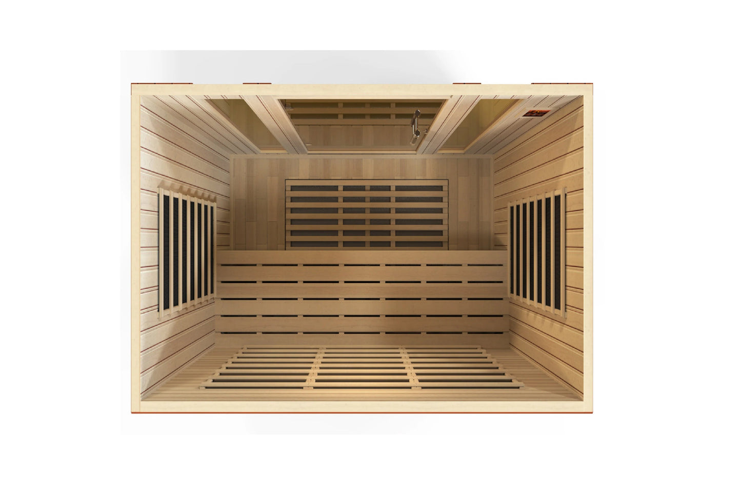 Interior view of wooden infrared sauna with light wood panels, black heater elements on side walls, and slatted bench seating