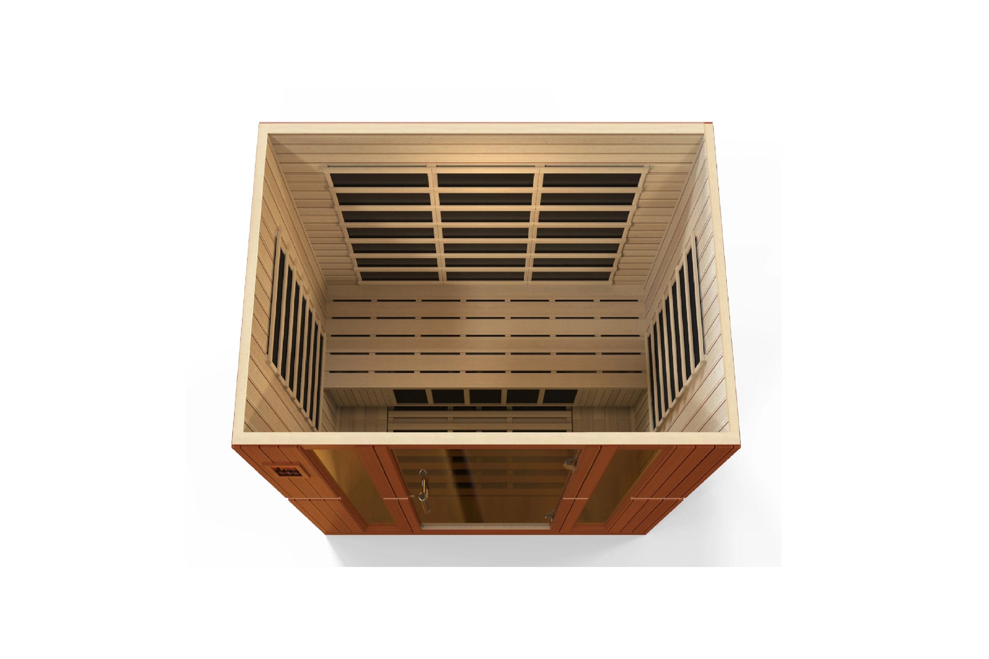 Golden Designs Bergamo 4-person infrared sauna with natural wood exterior and glass door, viewed from above on white backgrou
