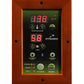 Digital control panel with wood frame, displaying red LED temperature reading of 198 degrees, time setting of 58 minutes, and