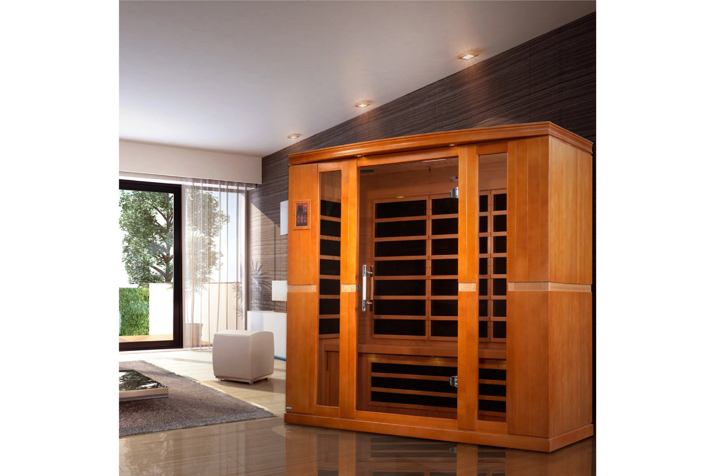 Golden Designs Bergamo four-person infrared sauna with golden wood frame and black glass panels in modern spa room setting