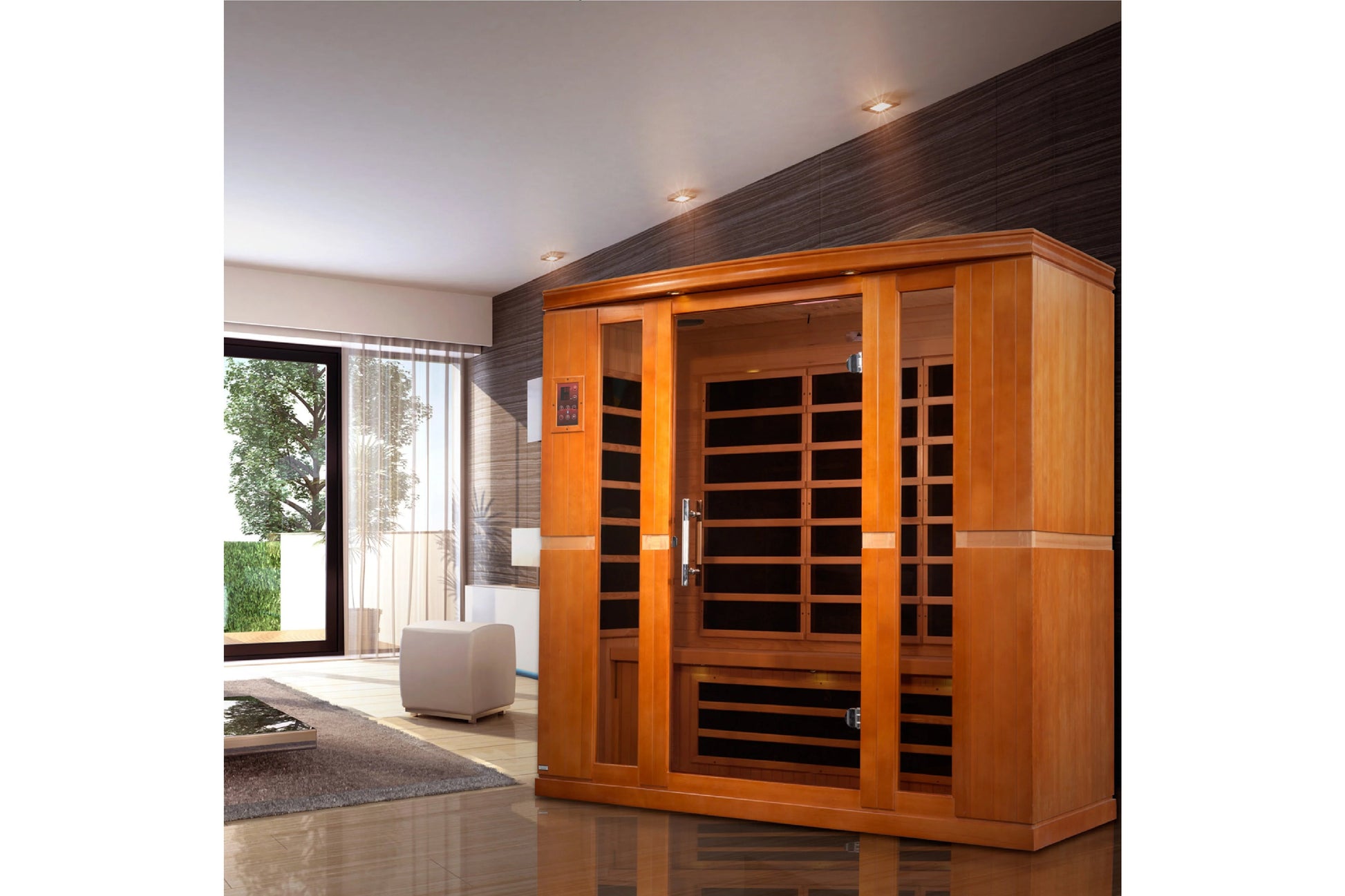 Golden Designs Bergamo four-person infrared sauna with golden wood frame and black glass panels in modern spa room setting