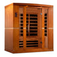 Golden Designs Bergamo four-person infrared sauna with cedar wood construction, glass door panel, and horizontal heating elem