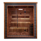 Golden Designs Bergen 6-person traditional sauna with red cedar interior, glass door, wooden benches, and warm ambient lighti