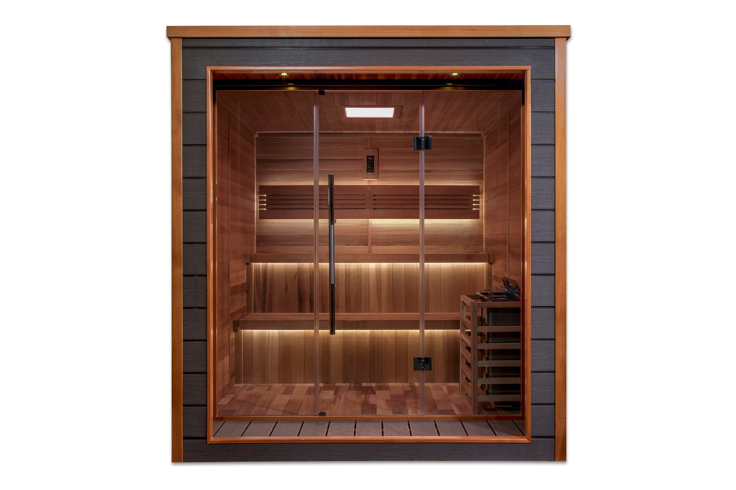 Golden Designs Bergen 6-person traditional sauna with red cedar interior, glass door, wooden benches, and warm ambient lighti