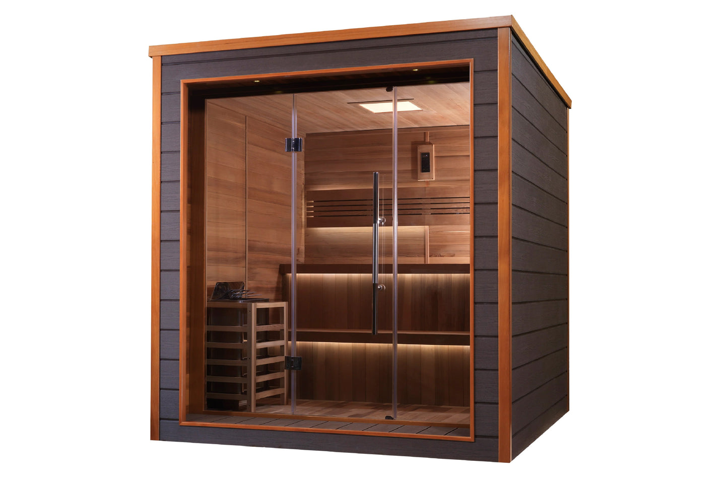 Golden Designs Bergen 6-person traditional sauna with cedarwood interior, glass doors, built-in benches, and dark exterior cl